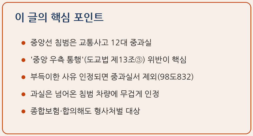 중앙선 침범 사고 12대 중과실 도로교통법 제13조제3항 교통사고처리 특례법 제3조 부득이한 사유 과실비율 형사처벌 이 글의 핵심 포인트 요약 이미지